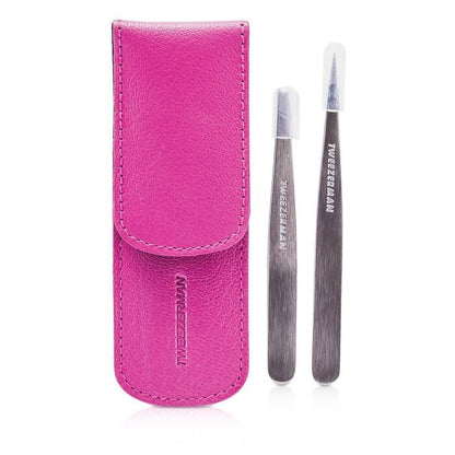 Tweezerman Petite Tweeze Set: Slant Tweezer + Point Tweezer - (With Pink Case) 2pcs