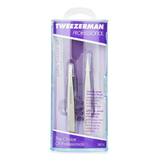 Tweezerman Professional Petite Tweeze Set: Slant Tweezer + Point Tweezer - (With Lavendar Leather Case) 2pcs