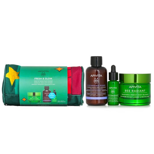 Apivita Fresh & Glow (Bee Radiant- Night) Gift Set: Night Gel-Balm 50ml+ Serum 10ml+ Cleansing Creamy Foam 75ml+ Pouch 3pcs+1pouch