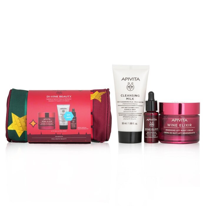 Apivita Di-Vine Beauty (Wine Elixir- Night) Gift Set: Renewing Lift Night Cream 50ml+ Face Oil 10ml+ Cleansing Milk 50ml+ Pouch 3pcs+1pouch