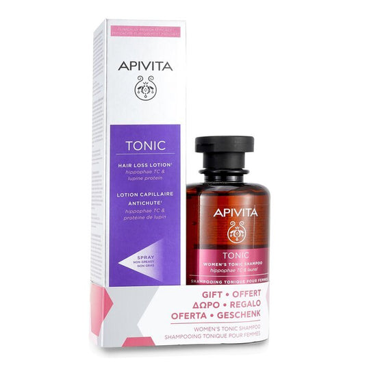 Apivita Hair Loss Lotion with Hippophae TC & Lupine Protein 150ml (Free: Women's Tonic Shampoo with Hippophae TC & Laurel - Helps Improve Hair Thickness 250ml) 2pcs